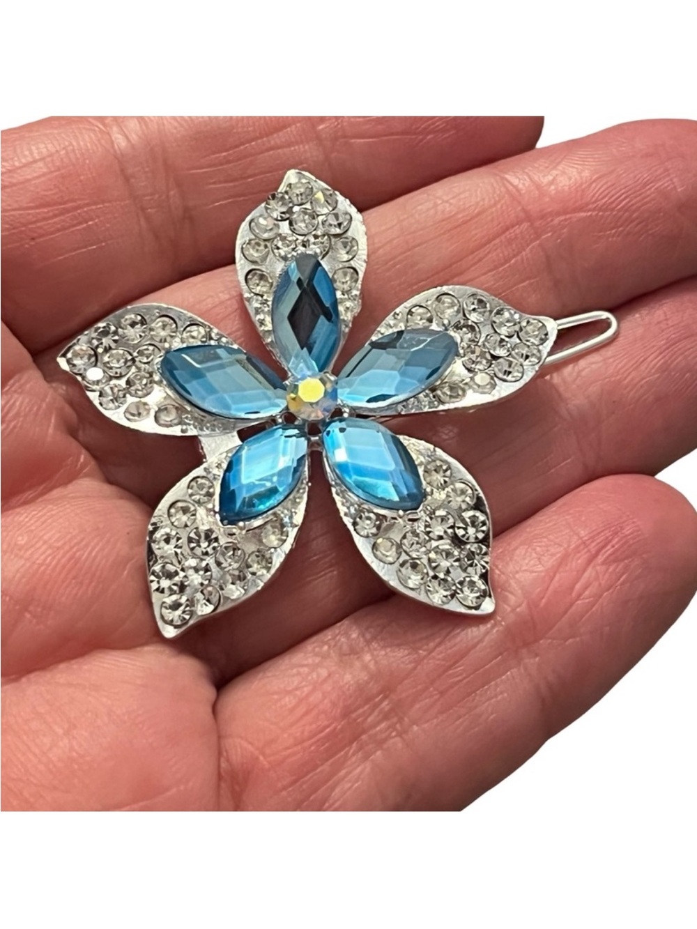 Blue Crystal Flower Hair Clip - Silver Tone FINAL PRICE DROP